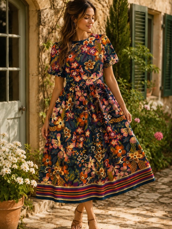 bohme Dresses & Skirts - Bohme bright and fun floral bird print midi dress size M short sleeve